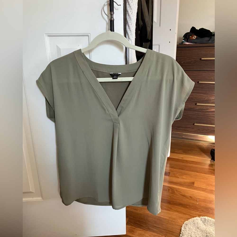 Ann Taylor XXS Petite Mixed Media Pleat Front Top - Dried Moss